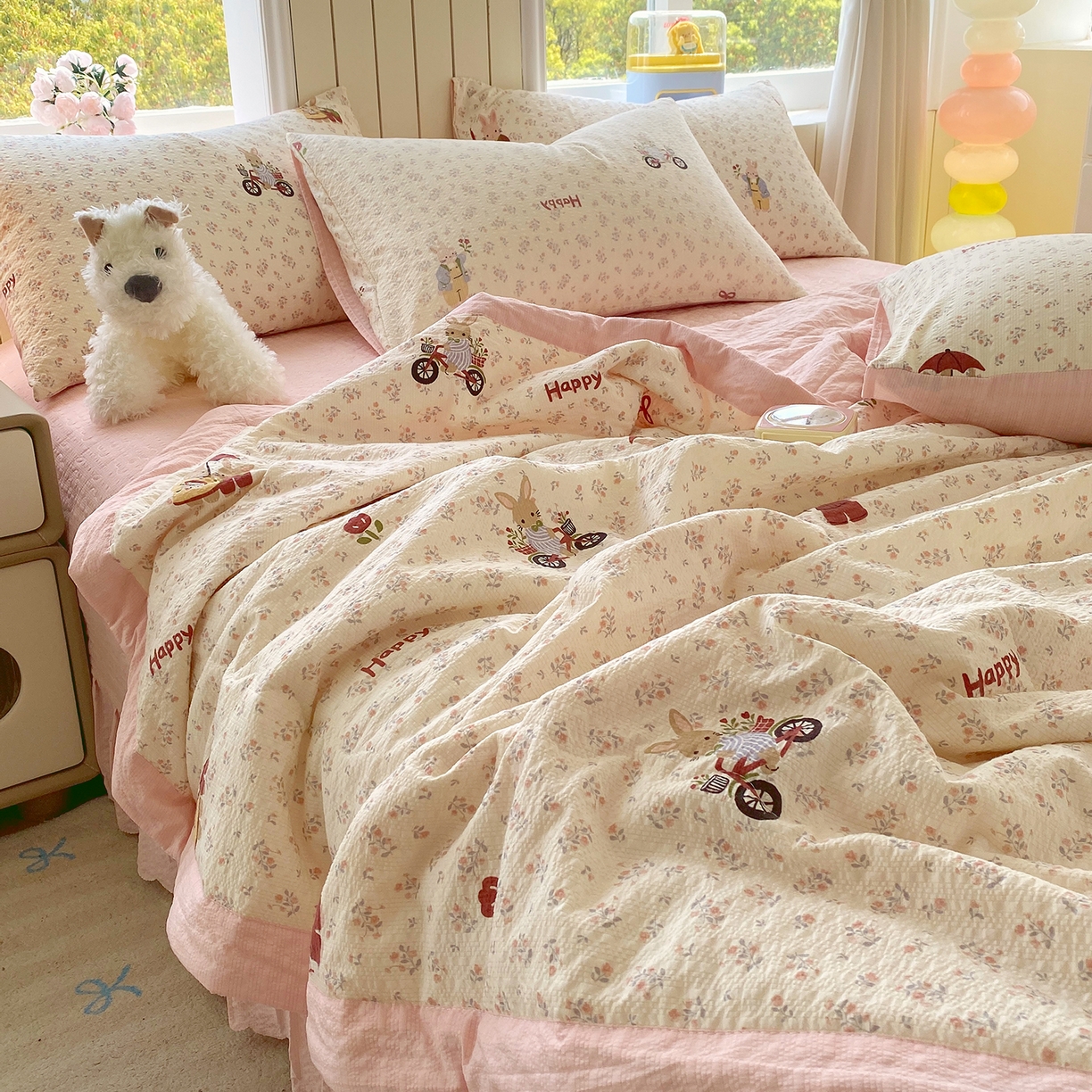 91家纺网 家纺一手货源 找家纺 莱米家纺 2026新款云感泡泡双层纱手包边夏被夏凉被空调被床盖四件套 兔兔之家