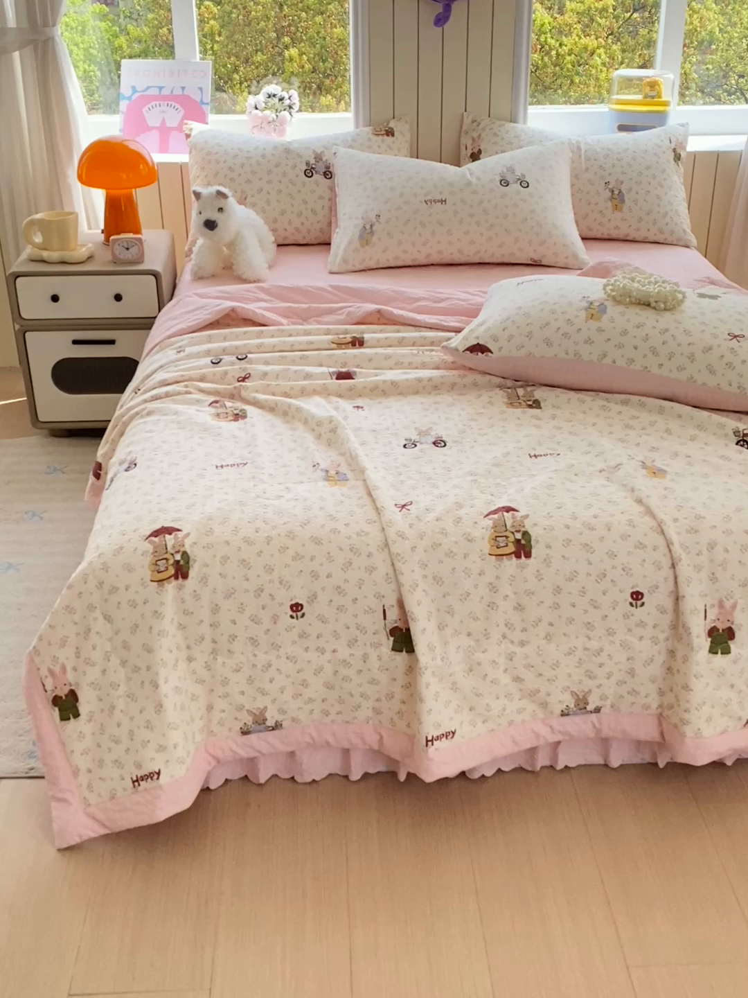 91家纺网 家纺一手货源 找家纺 莱米家纺 2026新款云感泡泡双层纱手包边夏被夏凉被空调被床盖四件套 兔兔之家