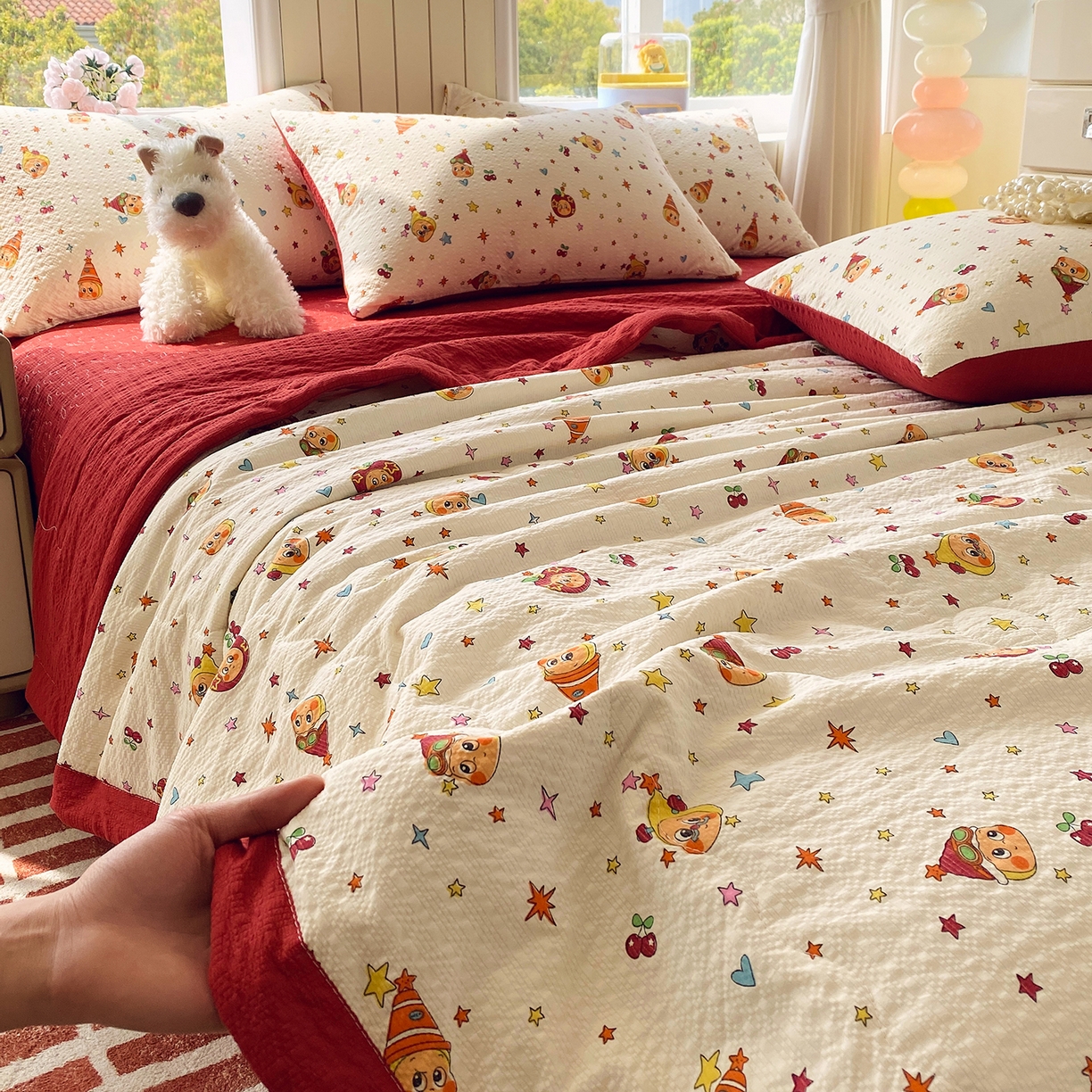 91家纺网 家纺一手货源 找家纺 莱米家纺 2026新款云感泡泡双层纱手包边夏被夏凉被空调被床盖四件套 星星人