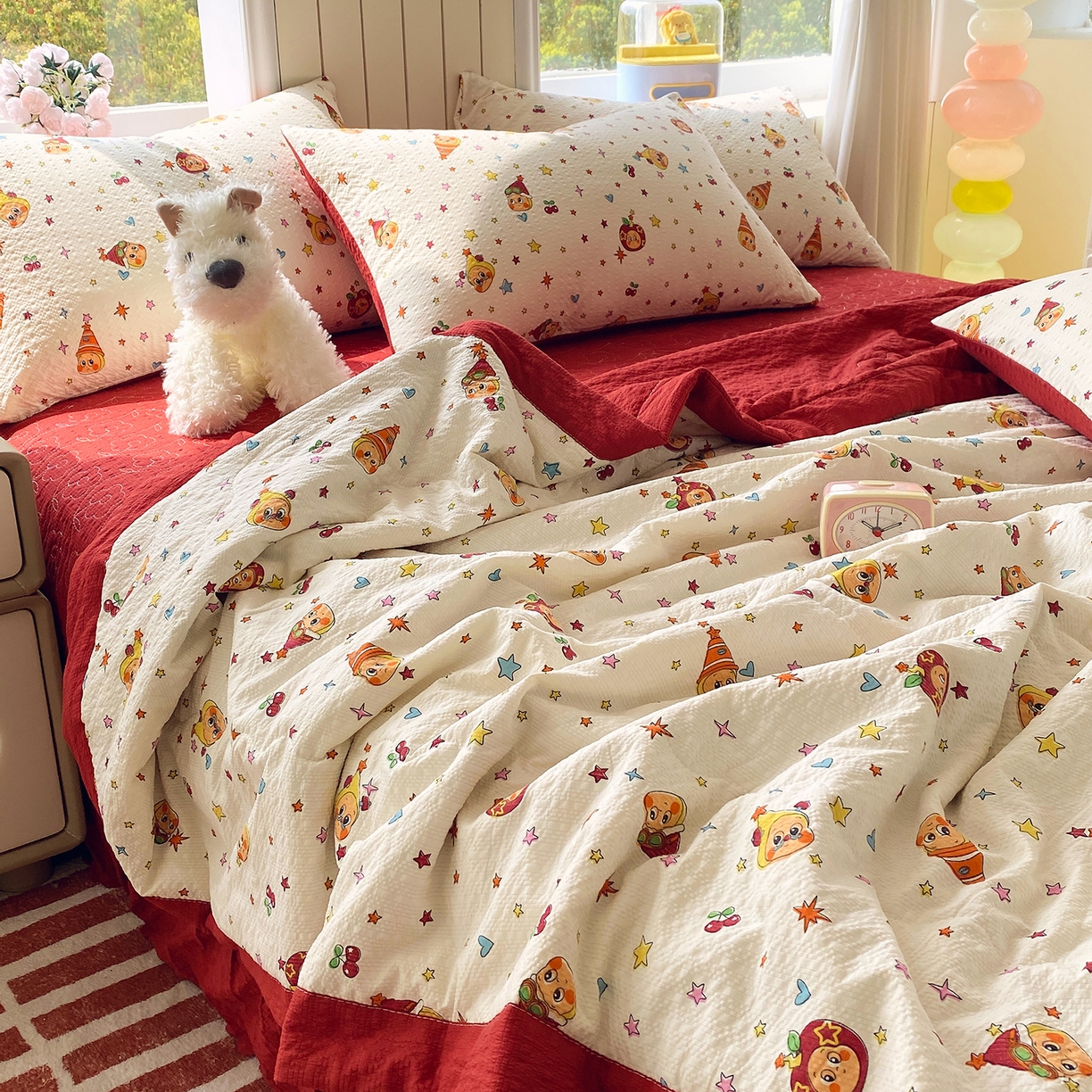 91家纺网 家纺一手货源 找家纺 莱米家纺 2026新款云感泡泡双层纱手包边夏被夏凉被空调被床盖四件套 星星人