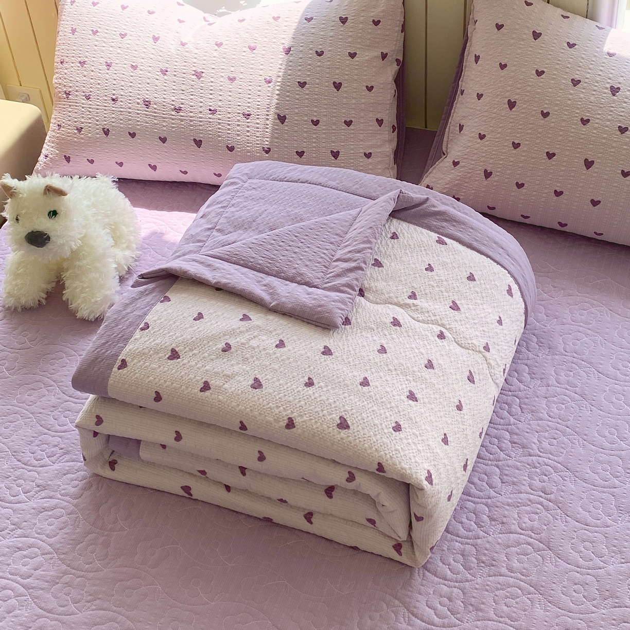 莱米家纺 2026新款云感泡泡双层纱手包边夏被夏凉被空调被床盖四件套 紫色爱心