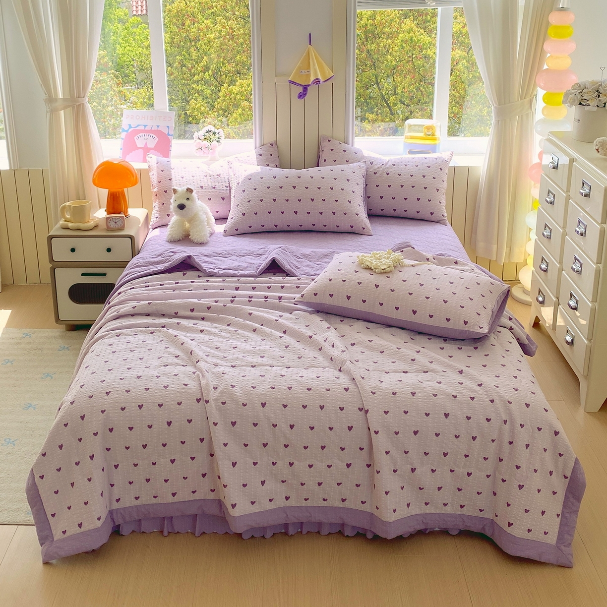 91家纺网 家纺一手货源 找家纺 莱米家纺 2026新款云感泡泡双层纱手包边夏被夏凉被空调被床盖四件套 紫色爱心