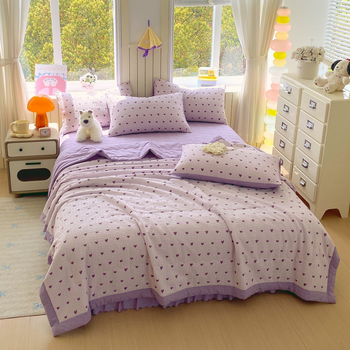 91家纺网 家纺一手货源 找家纺 莱米家纺 2026新款云感泡泡双层纱手包边夏被夏凉被空调被床盖四件套 紫色爱心