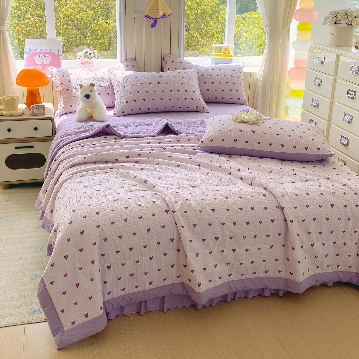91家纺网 家纺一手货源 找家纺 莱米家纺 2026新款云感泡泡双层纱手包边夏被夏凉被空调被床盖四件套 紫色爱心