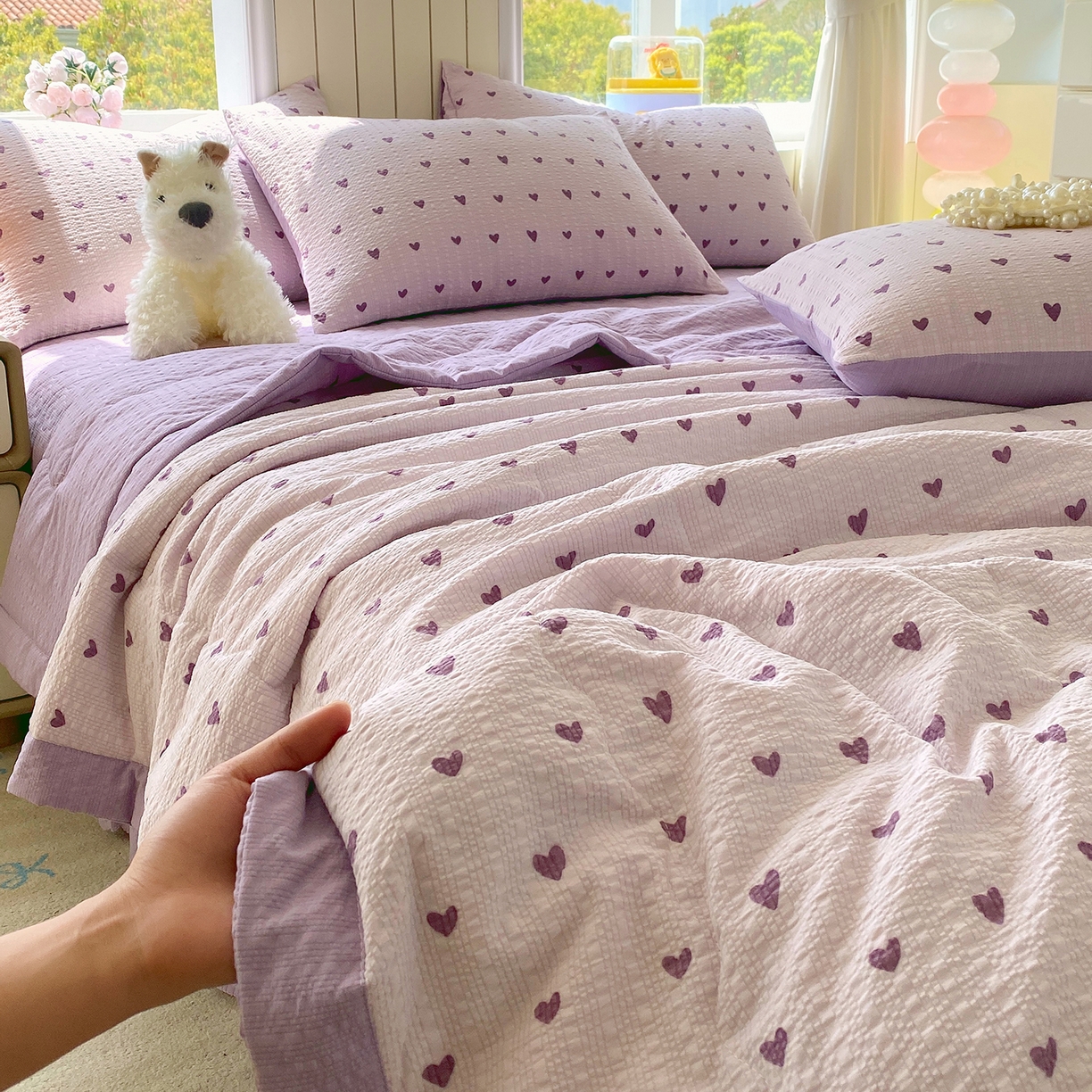 91家纺网 家纺一手货源 找家纺 莱米家纺 2026新款云感泡泡双层纱手包边夏被夏凉被空调被床盖四件套 紫色爱心