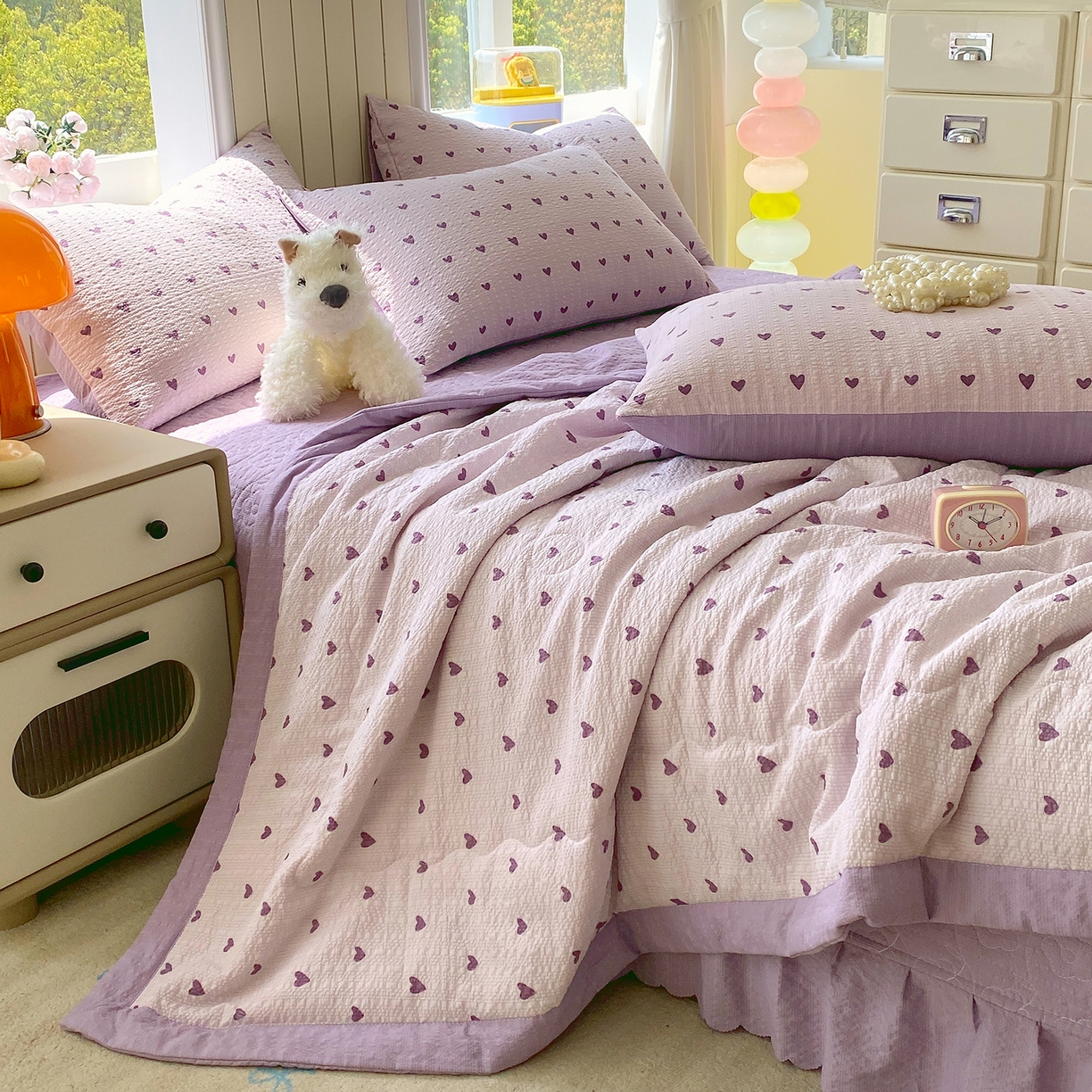 91家纺网 家纺一手货源 找家纺 莱米家纺 2026新款云感泡泡双层纱手包边夏被夏凉被空调被床盖四件套 紫色爱心