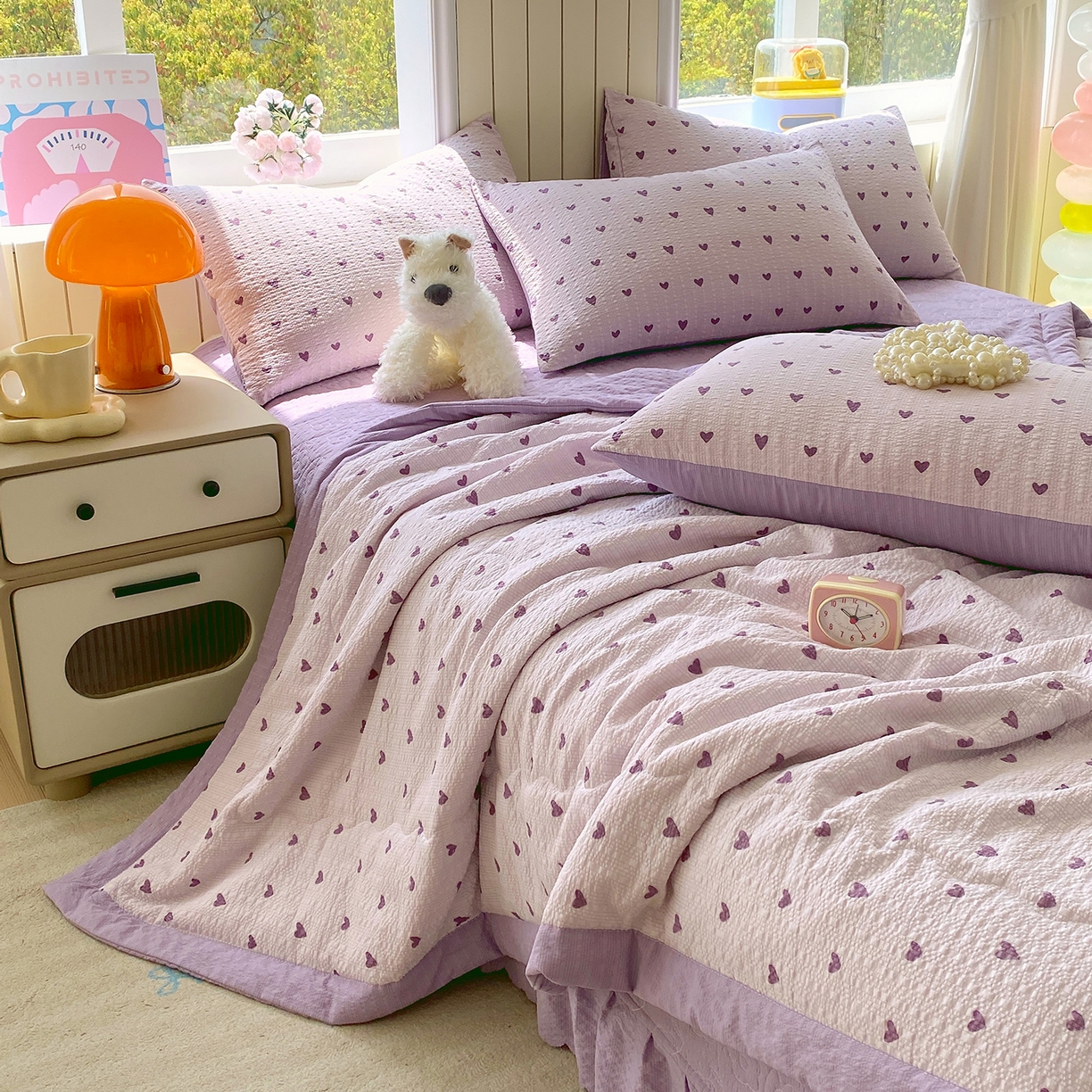 91家纺网 家纺一手货源 找家纺 莱米家纺 2026新款云感泡泡双层纱手包边夏被夏凉被空调被床盖四件套 紫色爱心