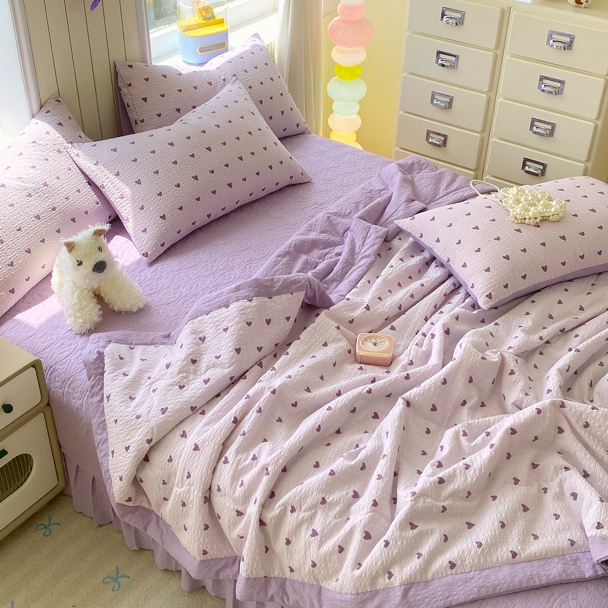 91家纺网 家纺一手货源 找家纺 莱米家纺 2026新款云感泡泡双层纱手包边夏被夏凉被空调被床盖四件套 紫色爱心
