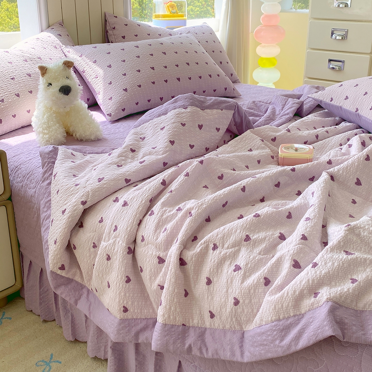 91家纺网 家纺一手货源 找家纺 莱米家纺 2026新款云感泡泡双层纱手包边夏被夏凉被空调被床盖四件套 紫色爱心