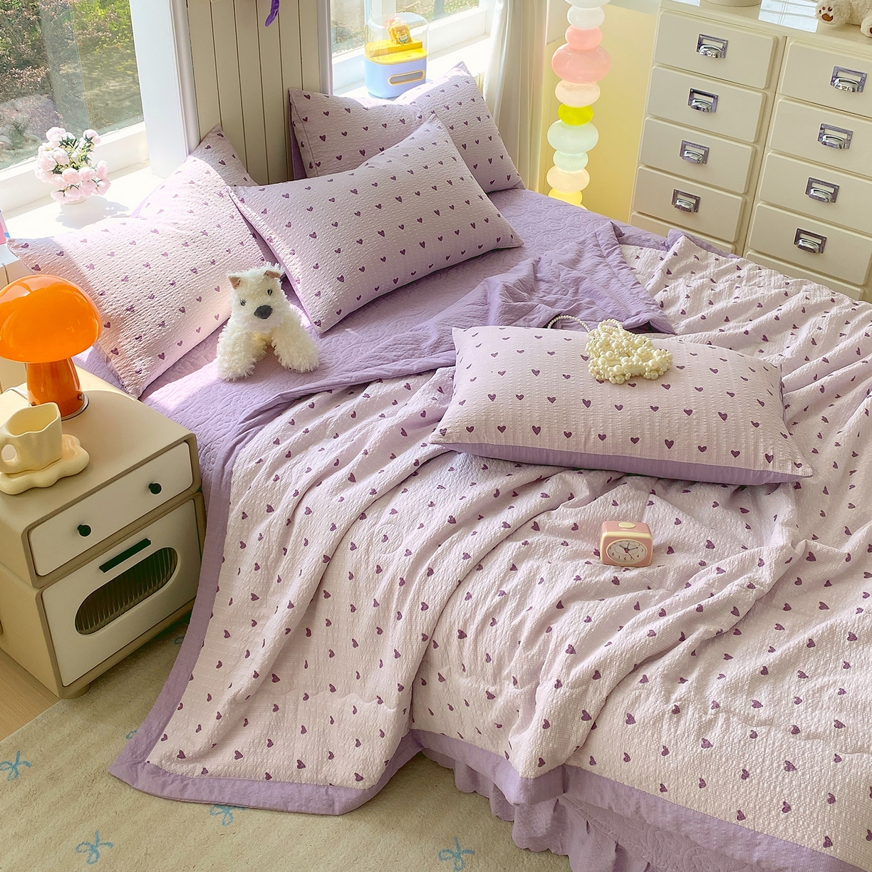 91家纺网 家纺一手货源 找家纺 莱米家纺 2026新款云感泡泡双层纱手包边夏被夏凉被空调被床盖四件套 紫色爱心