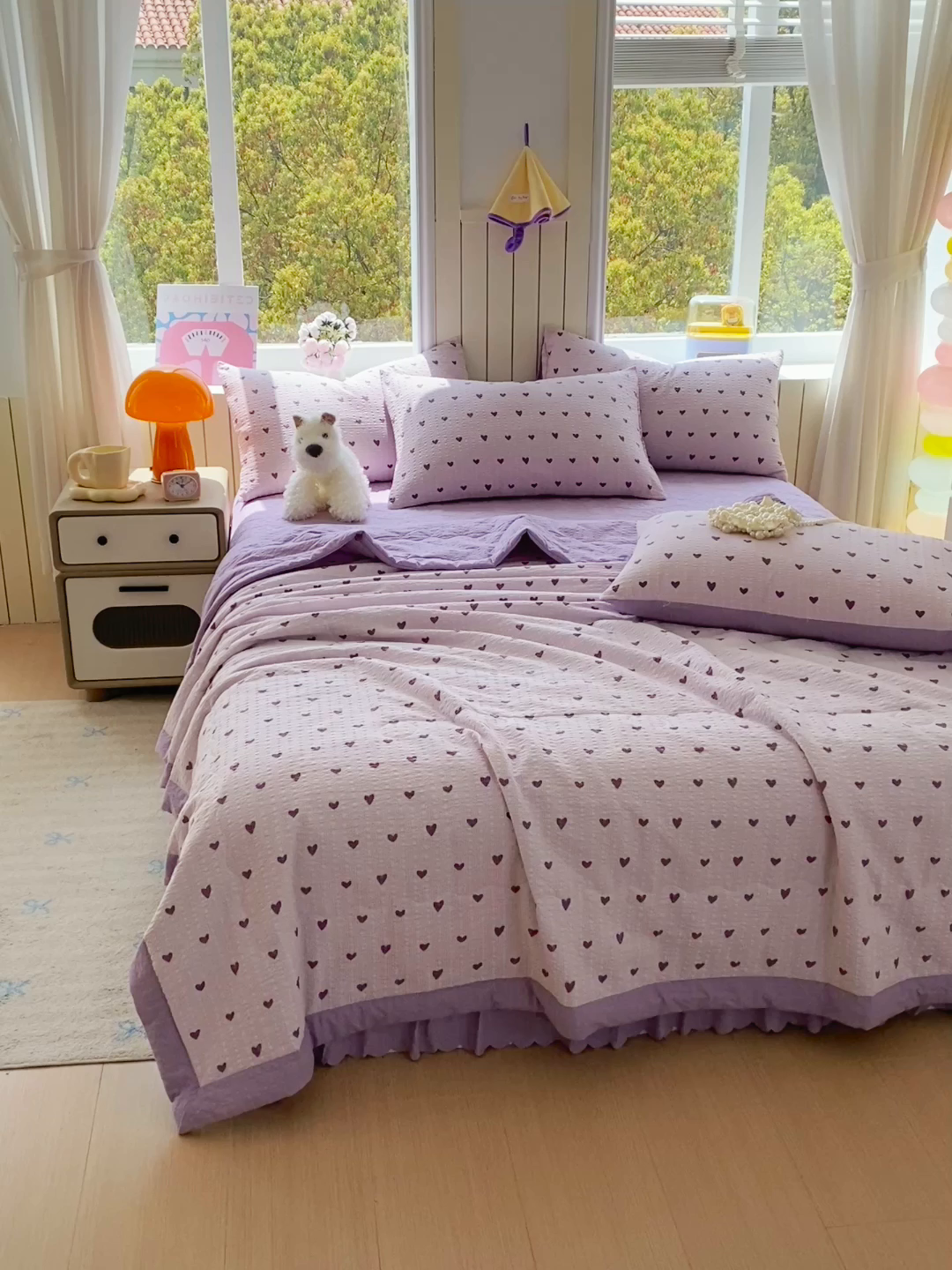 91家纺网 家纺一手货源 找家纺 莱米家纺 2026新款云感泡泡双层纱手包边夏被夏凉被空调被床盖四件套 紫色爱心