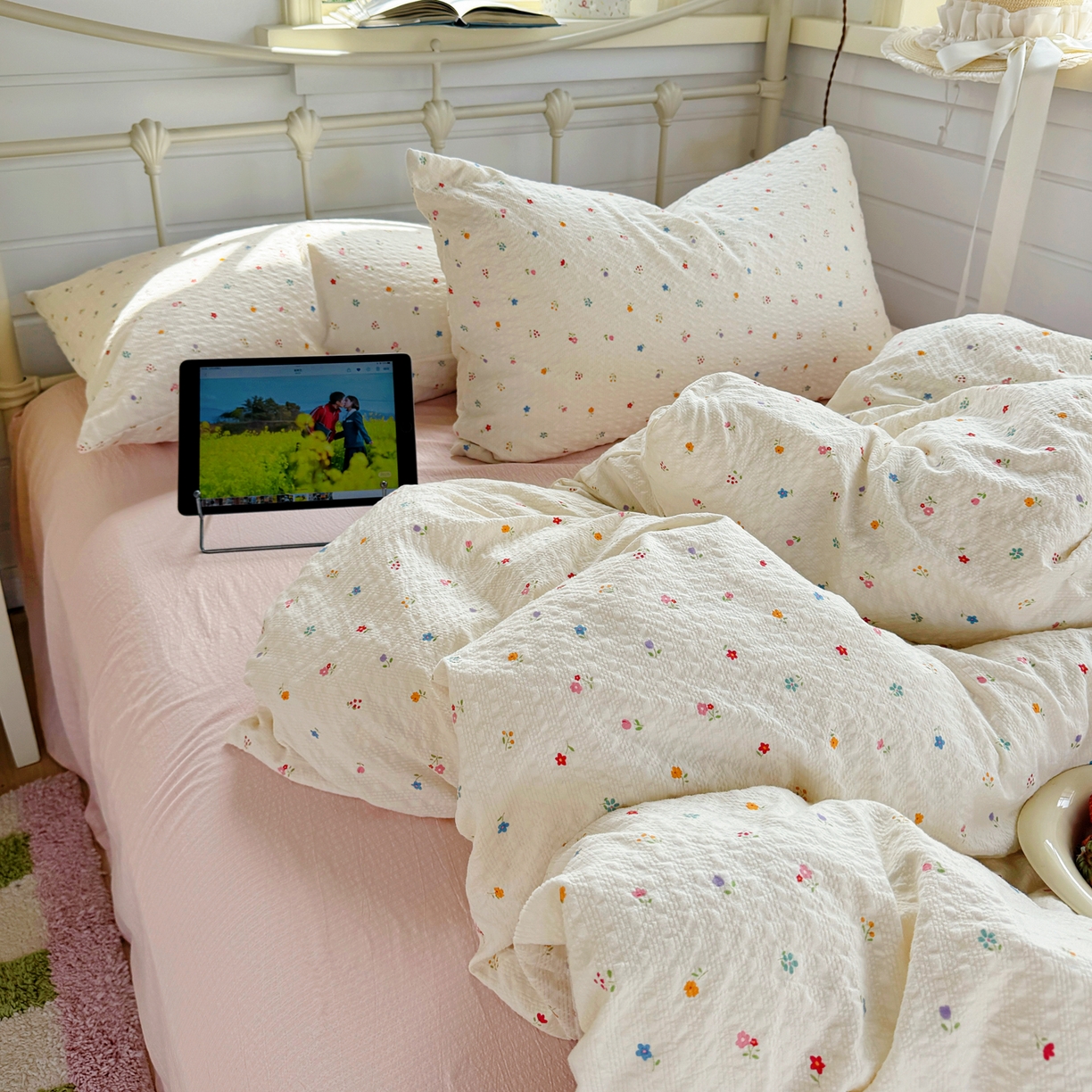 91家纺网 家纺一手货源 找家纺 优兰朵 2026新款高品质A类泡芙纱普通款四件套-小红书宿舍春夏爆款 花间序