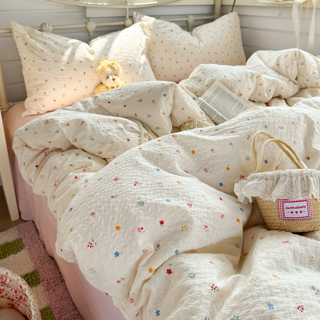 91家纺网 家纺一手货源 找家纺 优兰朵 2026新款高品质A类泡芙纱普通款四件套-小红书宿舍春夏爆款 花间序