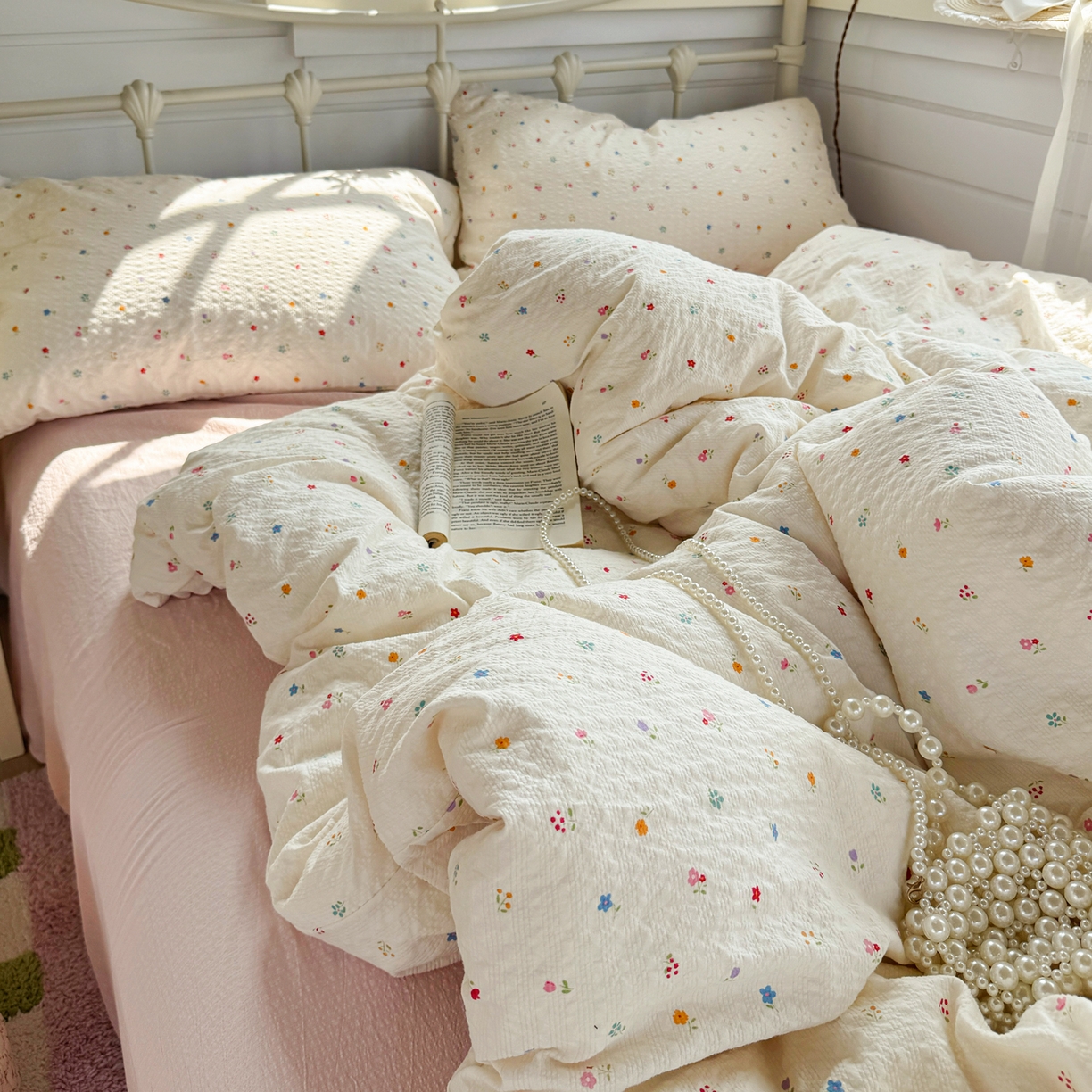 91家纺网 家纺一手货源 找家纺 优兰朵 2026新款高品质A类泡芙纱普通款四件套-小红书宿舍春夏爆款 花间序