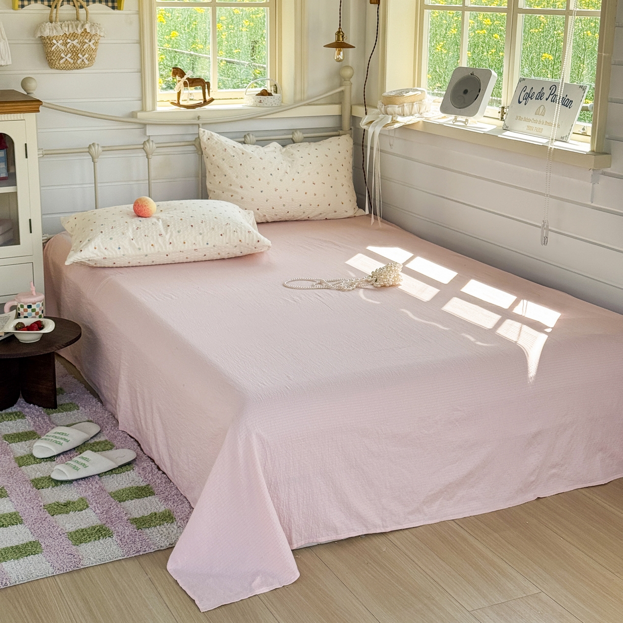 91家纺网 家纺一手货源 找家纺 优兰朵 2026新款高品质A类泡芙纱普通款四件套-小红书宿舍春夏爆款 花间序