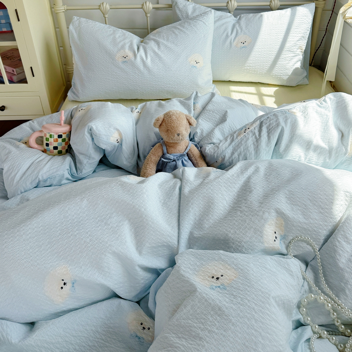 91家纺网 家纺一手货源 找家纺 优兰朵 2026新款高品质A类泡芙纱普通款四件套-小红书宿舍春夏爆款 西高地