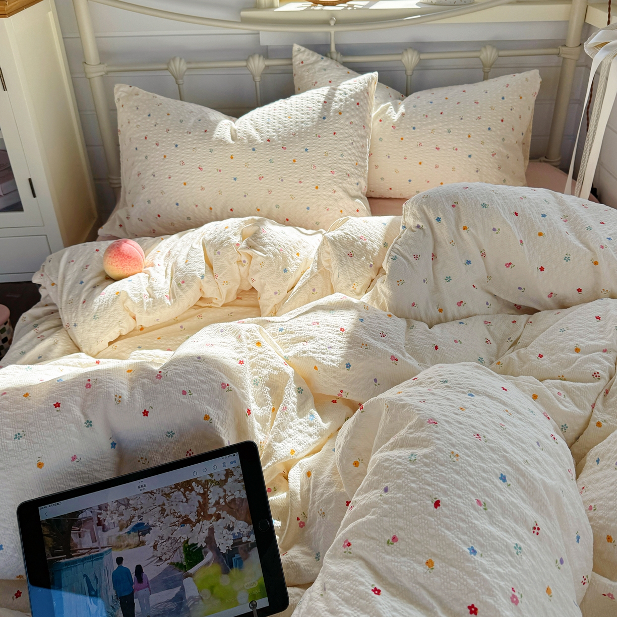 91家纺网 家纺一手货源 找家纺 优兰朵 2026新款高品质A类泡芙纱普通款四件套-小红书宿舍春夏爆款 花间序