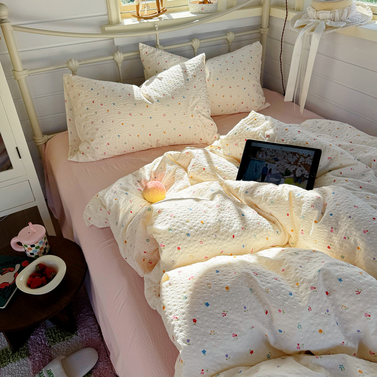 91家纺网 家纺一手货源 找家纺 优兰朵 2026新款高品质A类泡芙纱普通款四件套-小红书宿舍春夏爆款 花间序