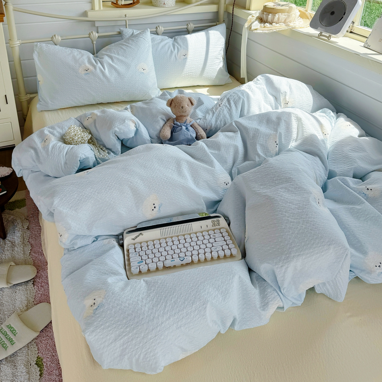 91家纺网 家纺一手货源 找家纺 优兰朵 2026新款高品质A类泡芙纱普通款四件套-小红书宿舍春夏爆款 西高地