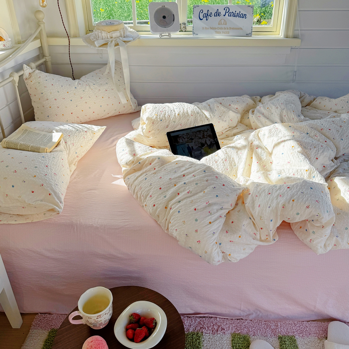 91家纺网 家纺一手货源 找家纺 优兰朵 2026新款高品质A类泡芙纱普通款四件套-小红书宿舍春夏爆款 花间序