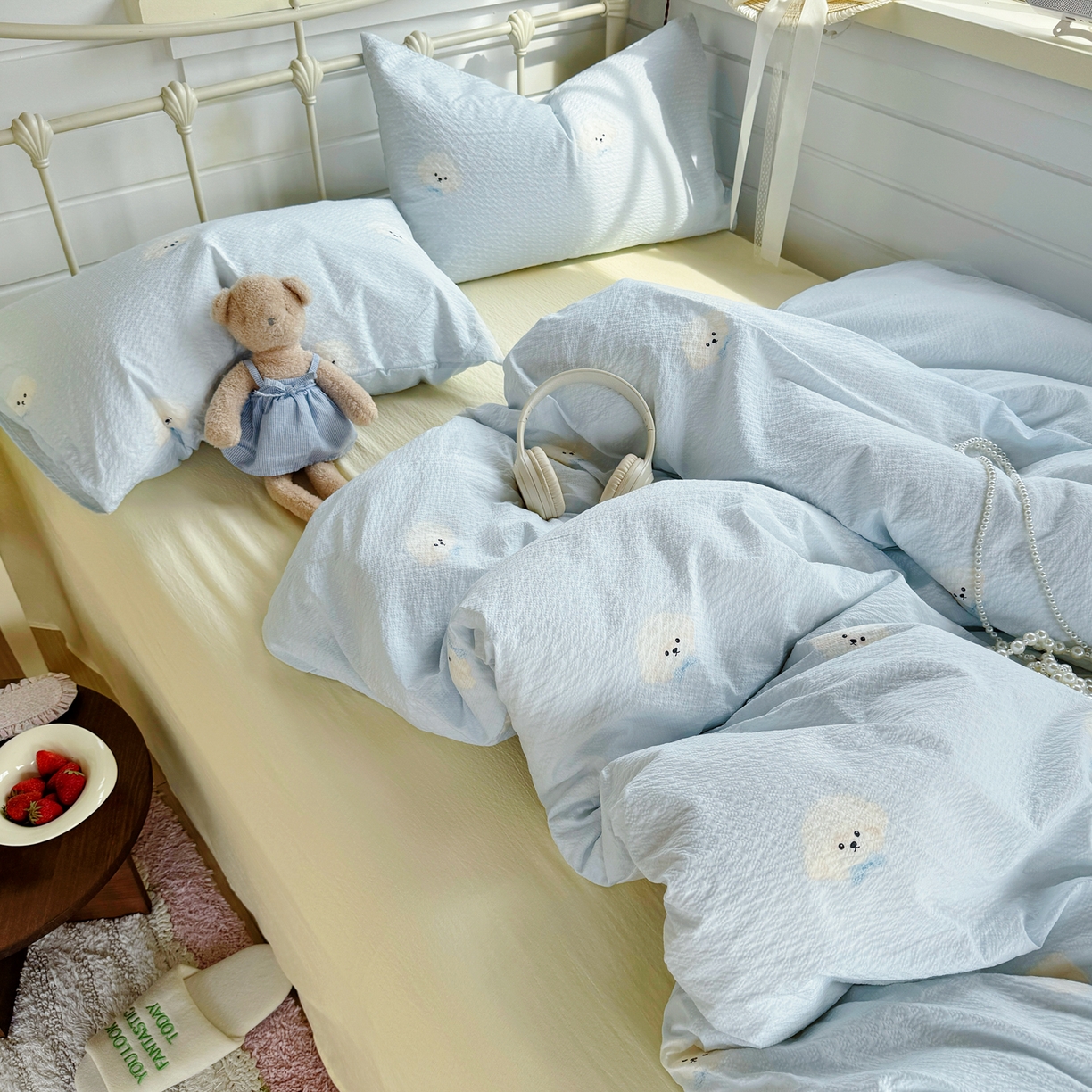 91家纺网 家纺一手货源 找家纺 优兰朵 2026新款高品质A类泡芙纱普通款四件套-小红书宿舍春夏爆款 西高地