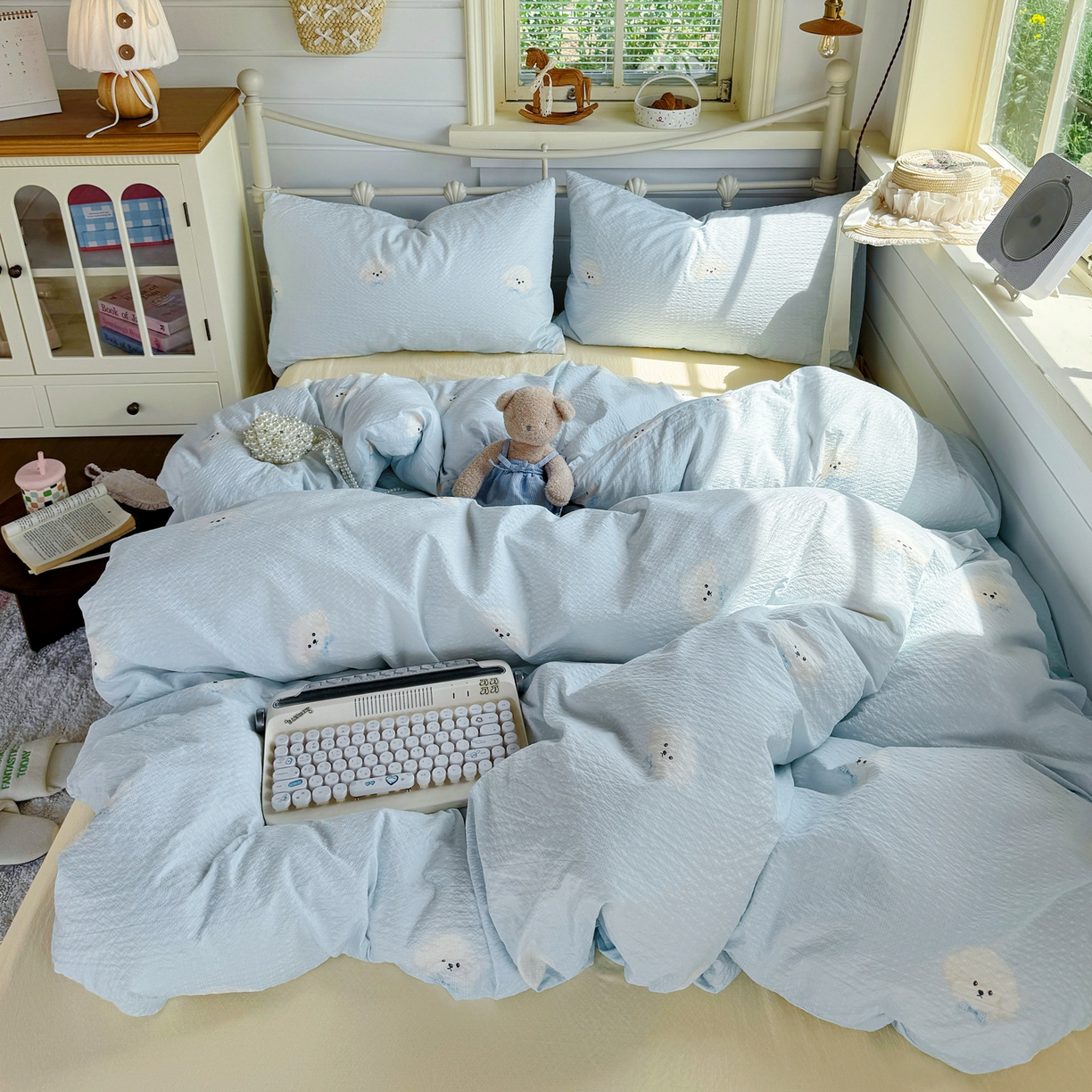 91家纺网 家纺一手货源 找家纺 优兰朵 2026新款高品质A类泡芙纱普通款四件套-小红书宿舍春夏爆款 西高地