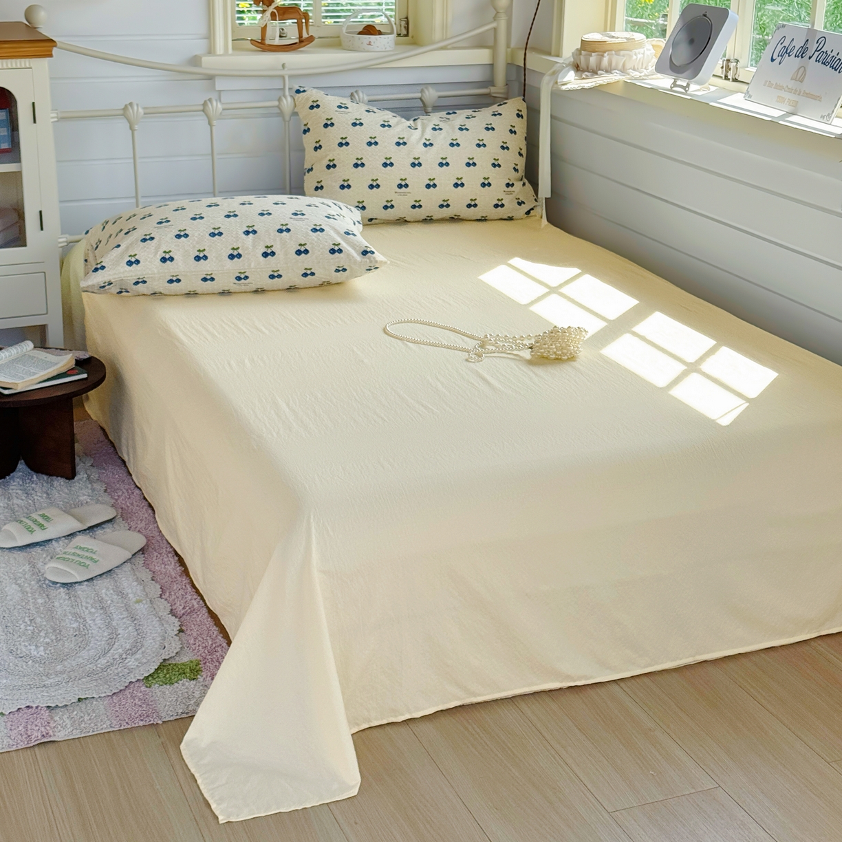 91家纺网 家纺一手货源 找家纺 优兰朵 2026新款高品质A类泡芙纱普通款四件套-小红书宿舍春夏爆款 绿樱桃