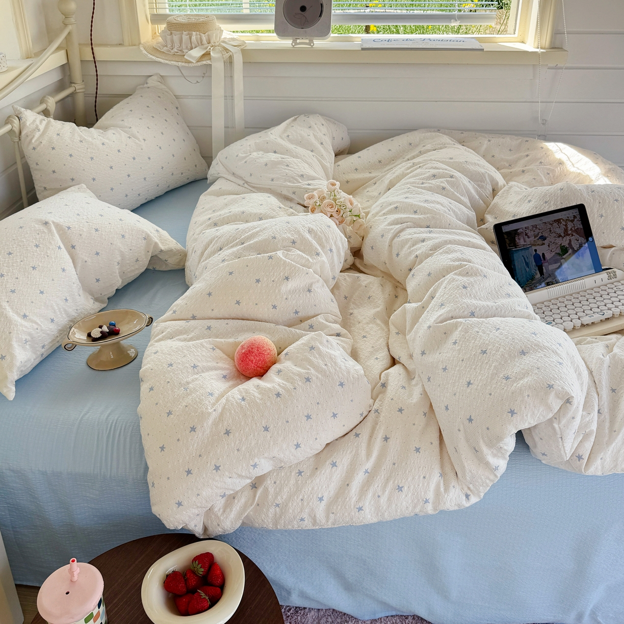 91家纺网 家纺一手货源 找家纺 优兰朵 2026新款高品质A类泡芙纱普通款四件套-小红书宿舍春夏爆款 软星点