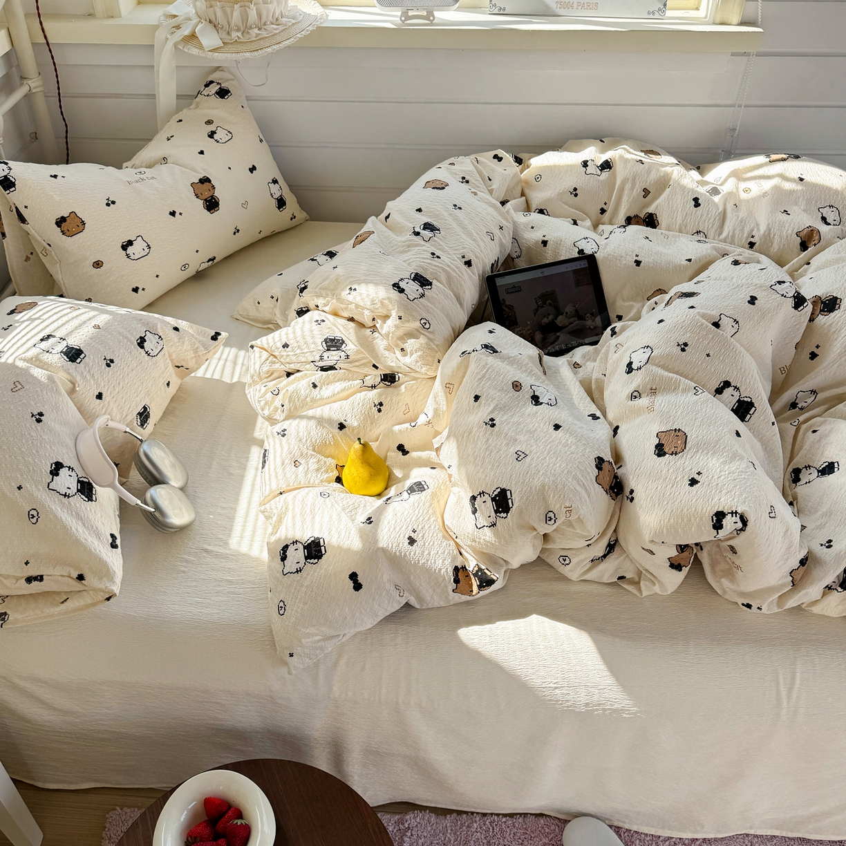 91家纺网 家纺一手货源 找家纺 优兰朵 2026新款高品质A类泡芙纱普通款四件套-小红书宿舍春夏爆款 奥利奥小猫