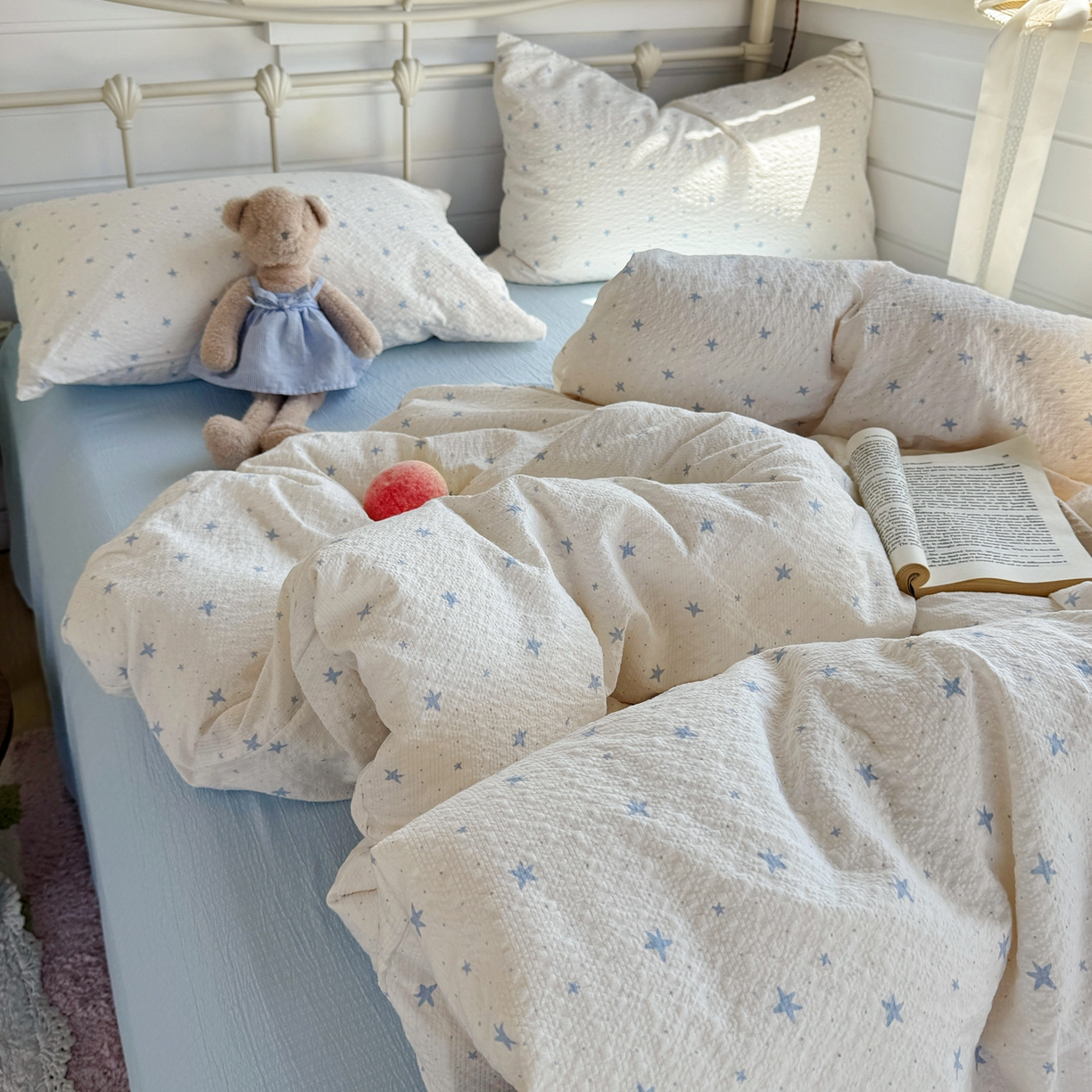 91家纺网 家纺一手货源 找家纺 优兰朵 2026新款高品质A类泡芙纱普通款四件套-小红书宿舍春夏爆款 软星点