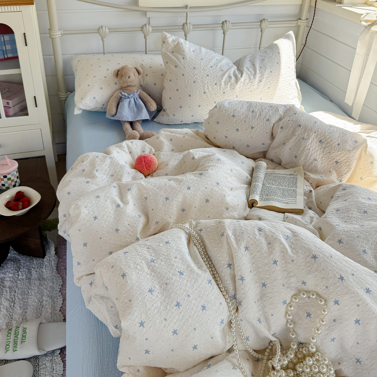 91家纺网 家纺一手货源 找家纺 优兰朵 2026新款高品质A类泡芙纱普通款四件套-小红书宿舍春夏爆款 软星点