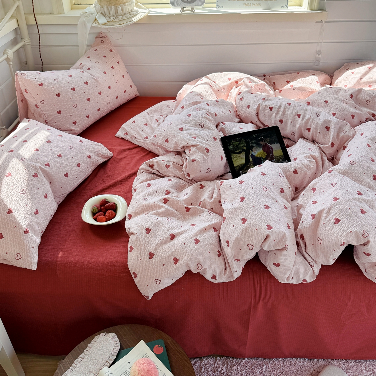 优兰朵 2026新款高品质A类泡芙纱普通款四件套-小红书宿舍春夏爆款 朦胧粉心