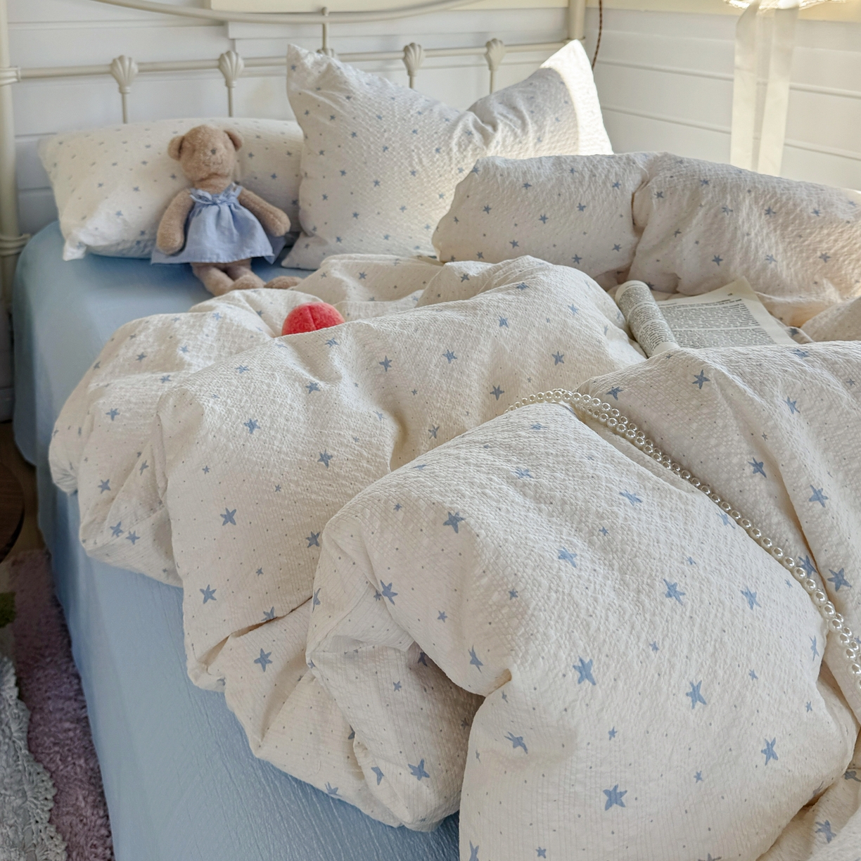 91家纺网 家纺一手货源 找家纺 优兰朵 2026新款高品质A类泡芙纱普通款四件套-小红书宿舍春夏爆款 软星点