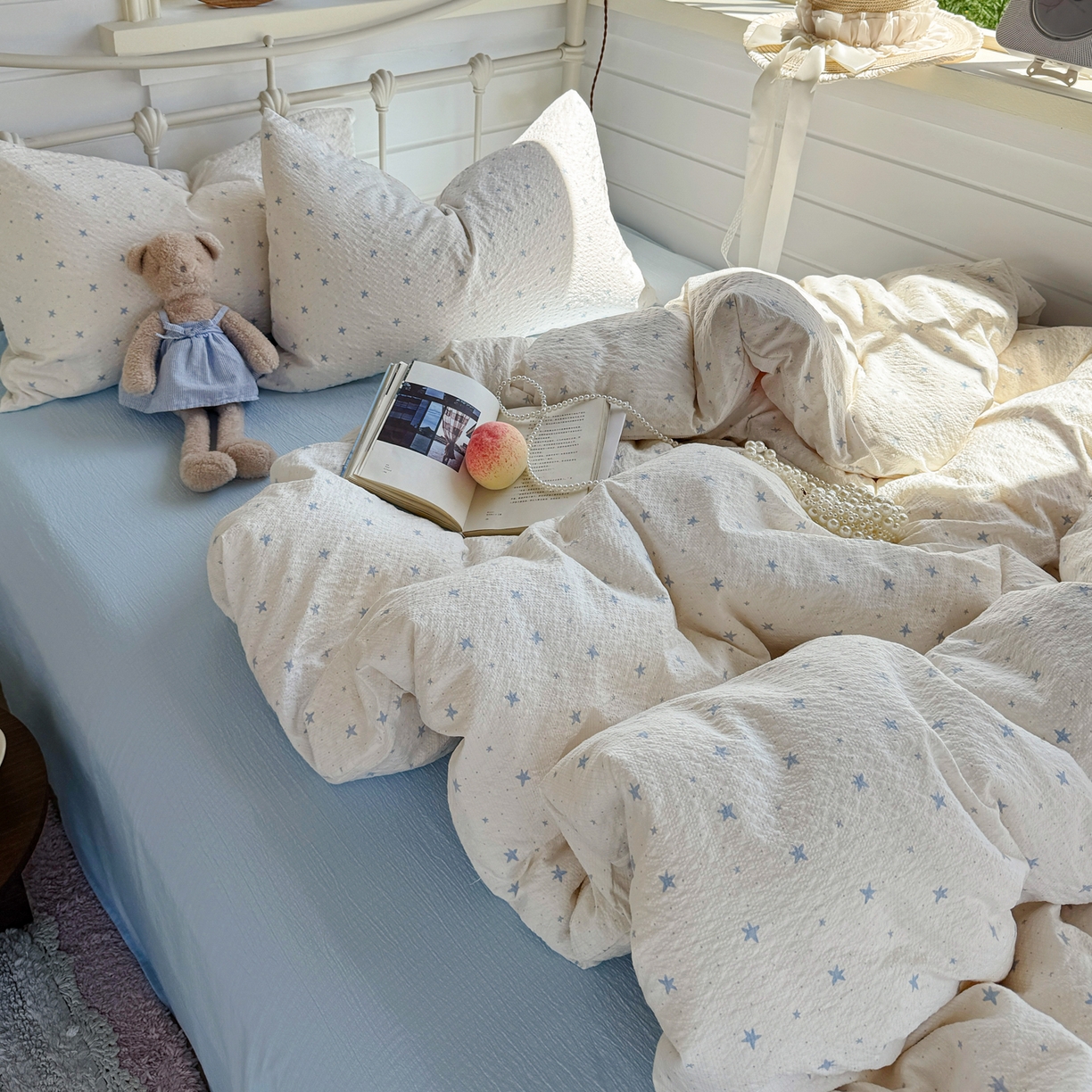 91家纺网 家纺一手货源 找家纺 优兰朵 2026新款高品质A类泡芙纱普通款四件套-小红书宿舍春夏爆款 软星点