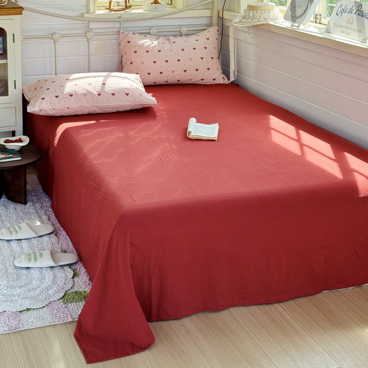 91家纺网 家纺一手货源 找家纺 优兰朵 2026新款高品质A类泡芙纱普通款四件套-小红书宿舍春夏爆款 朦胧粉心