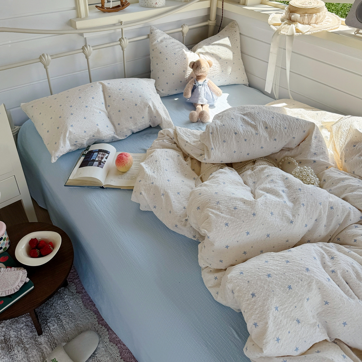 91家纺网 家纺一手货源 找家纺 优兰朵 2026新款高品质A类泡芙纱普通款四件套-小红书宿舍春夏爆款 软星点