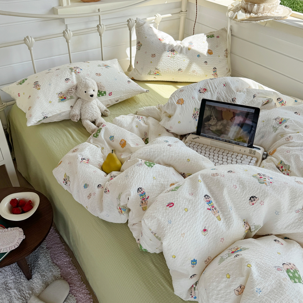 91家纺网 家纺一手货源 找家纺 优兰朵 2026新款高品质A类泡芙纱普通款四件套-小红书宿舍春夏爆款 小新派对