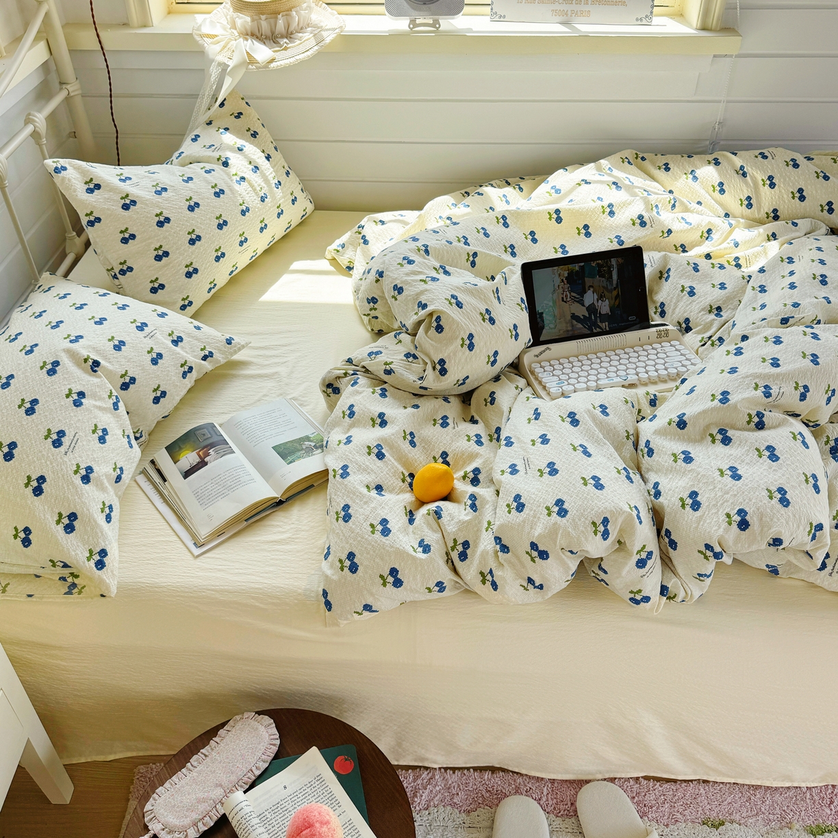 91家纺网 家纺一手货源 找家纺 优兰朵 2026新款高品质A类泡芙纱普通款四件套-小红书宿舍春夏爆款 绿樱桃