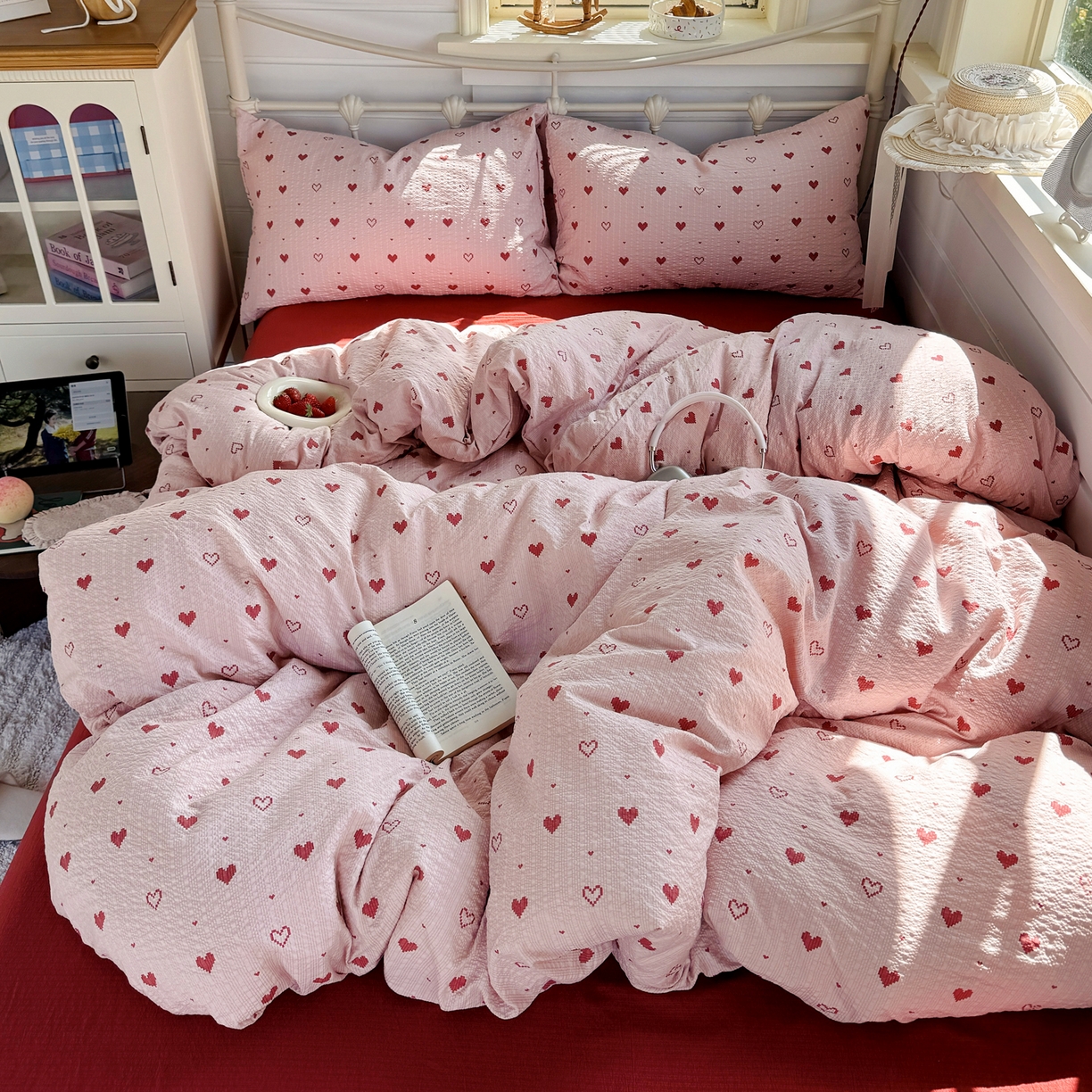 91家纺网 家纺一手货源 找家纺 优兰朵 2026新款高品质A类泡芙纱普通款四件套-小红书宿舍春夏爆款 朦胧粉心