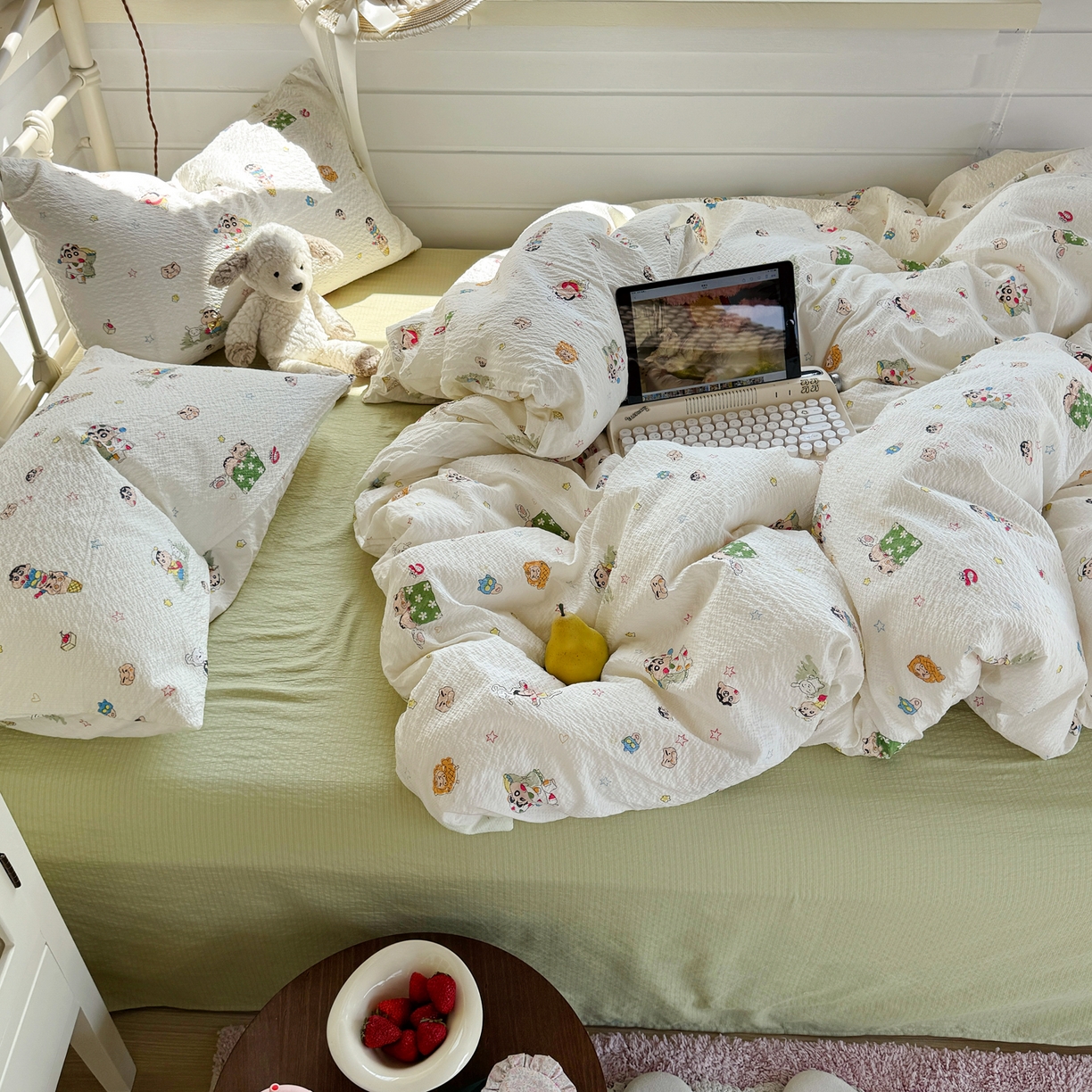 91家纺网 家纺一手货源 找家纺 优兰朵 2026新款高品质A类泡芙纱普通款四件套-小红书宿舍春夏爆款 小新派对