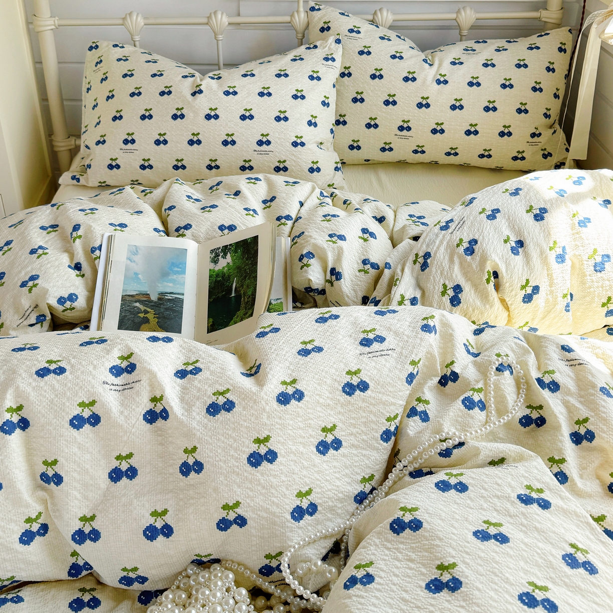 91家纺网 家纺一手货源 找家纺 优兰朵 2026新款高品质A类泡芙纱普通款四件套-小红书宿舍春夏爆款 绿樱桃