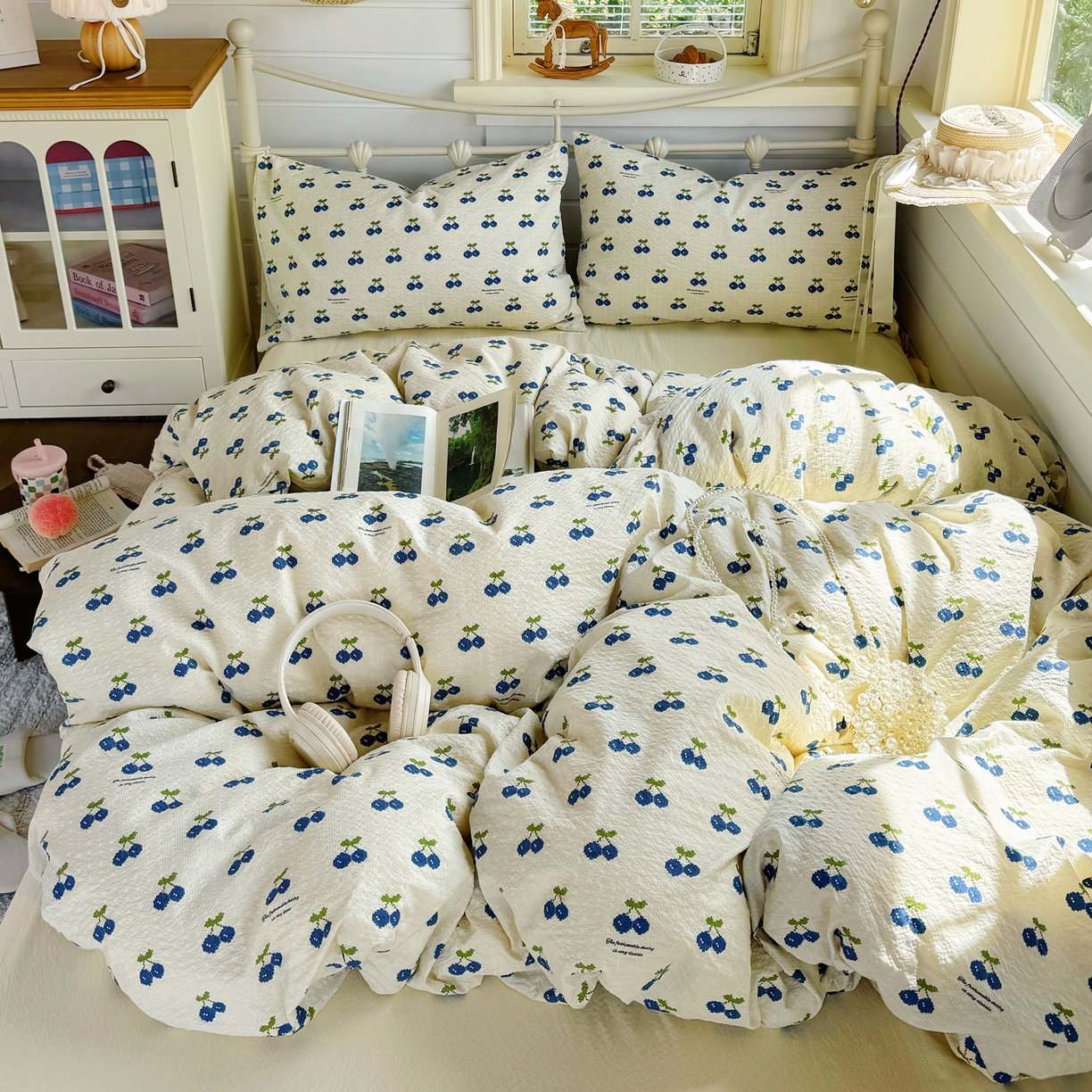 91家纺网 家纺一手货源 找家纺 优兰朵 2026新款高品质A类泡芙纱普通款四件套-小红书宿舍春夏爆款 绿樱桃