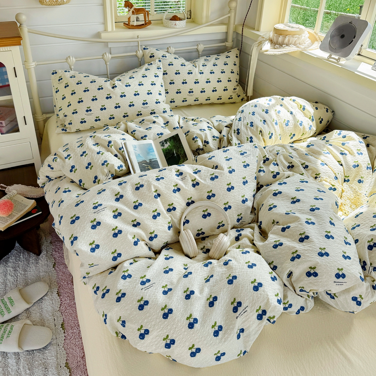 91家纺网 家纺一手货源 找家纺 优兰朵 2026新款高品质A类泡芙纱普通款四件套-小红书宿舍春夏爆款 绿樱桃