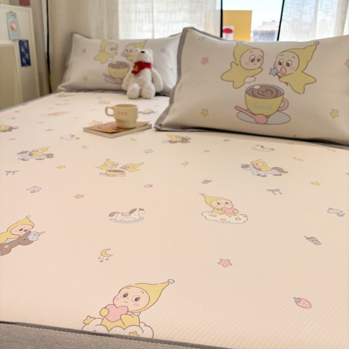 91家纺网 家纺一手货源 找家纺 慕尚家纺 2026春夏新款可水洗斜纹凉豆豆印花凉感席凉席席子 星星木马