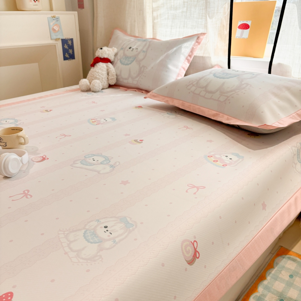 91家纺网 家纺一手货源 找家纺 慕尚家纺 2026春夏新款可水洗斜纹凉豆豆印花凉感席凉席席子 汪星乐园