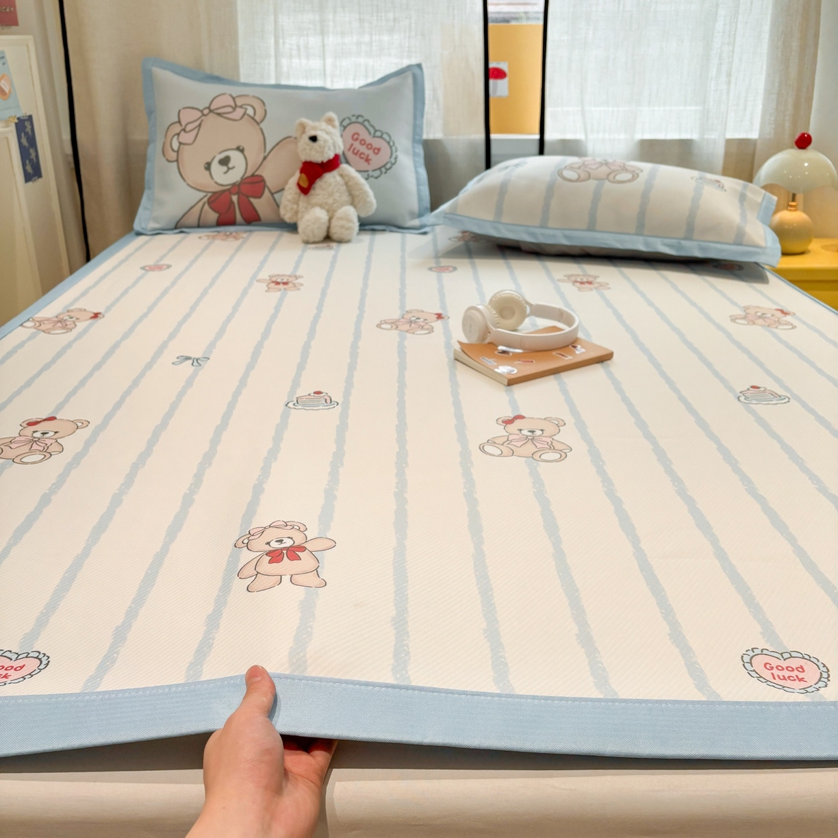 慕尚家纺 2026春夏新款可水洗斜纹凉豆豆印花凉感席凉席席子 蝴蝶结熊