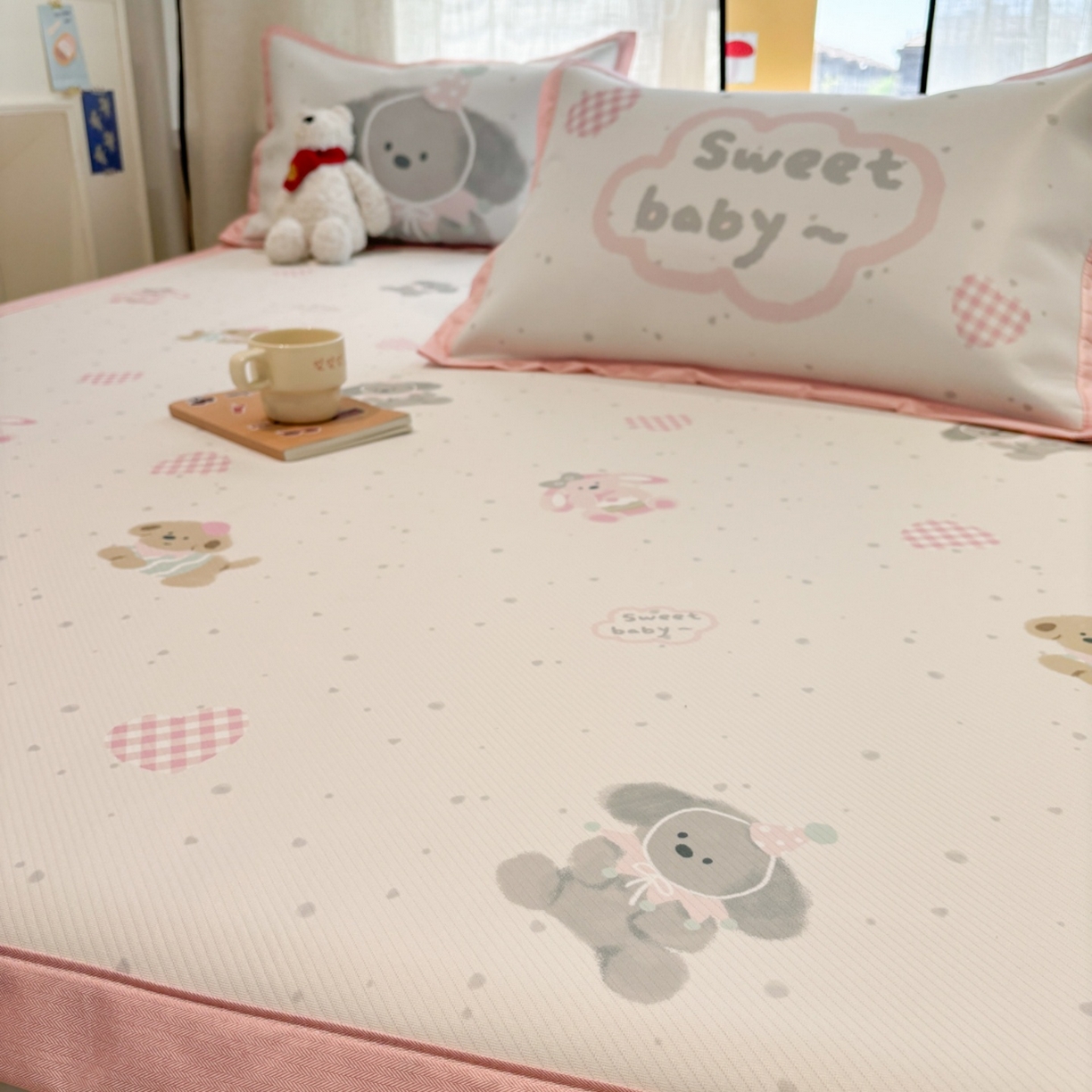 91家纺网 家纺一手货源 找家纺 慕尚家纺 2026春夏新款可水洗斜纹凉豆豆印花凉感席凉席席子 汪汪宝贝