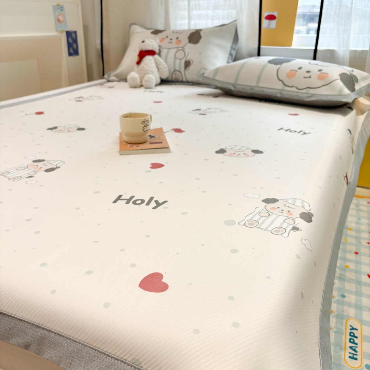 91家纺网 家纺一手货源 找家纺 慕尚家纺 2026春夏新款可水洗斜纹凉豆豆印花凉感席凉席席子 樱桃爱心狗