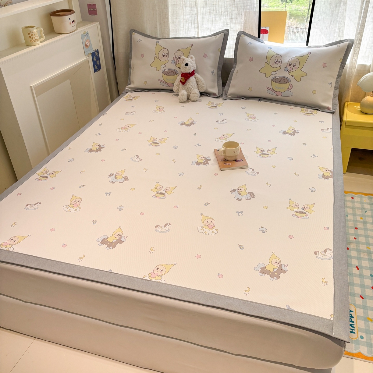 91家纺网 家纺一手货源 找家纺 慕尚家纺 2026春夏新款可水洗斜纹凉豆豆印花凉感席凉席席子 星星木马