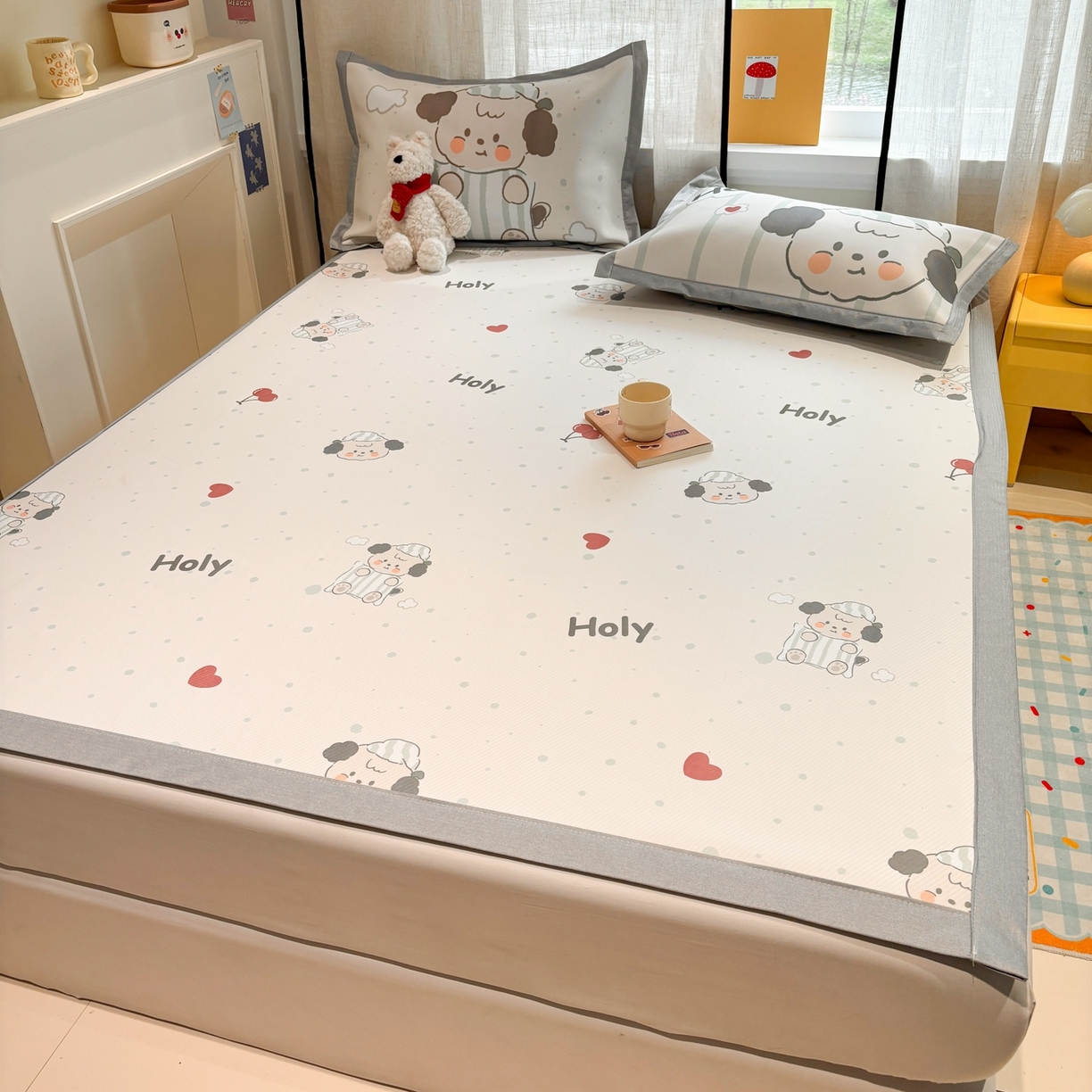 91家纺网 家纺一手货源 找家纺 慕尚家纺 2026春夏新款可水洗斜纹凉豆豆印花凉感席凉席席子 樱桃爱心狗